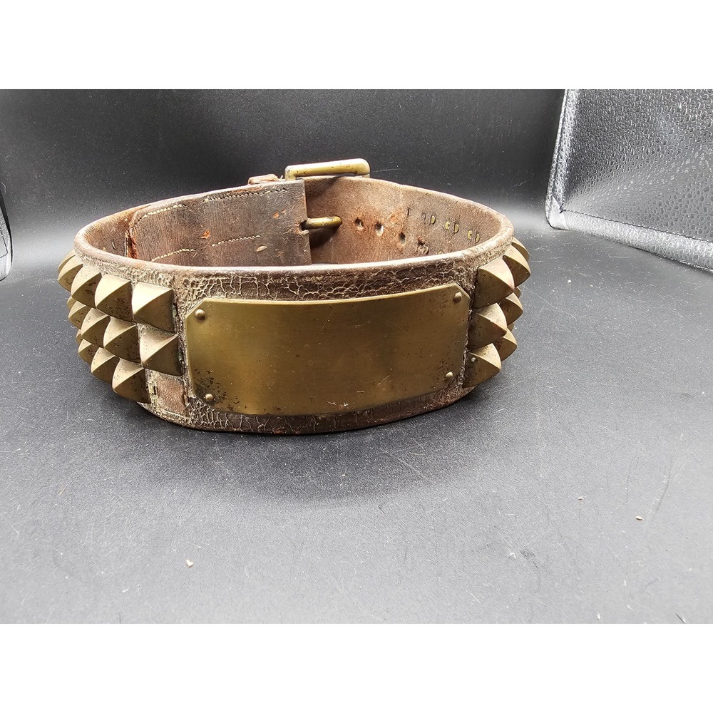 Vintage Heavy Duty Studded Leather Dog Collar Brass Pyramid Spikes 3 Inch Wide